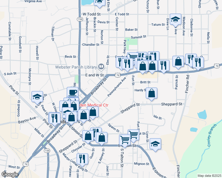 map of restaurants, bars, coffee shops, grocery stores, and more near 606-610 Pennsylvania Avenue in Minden