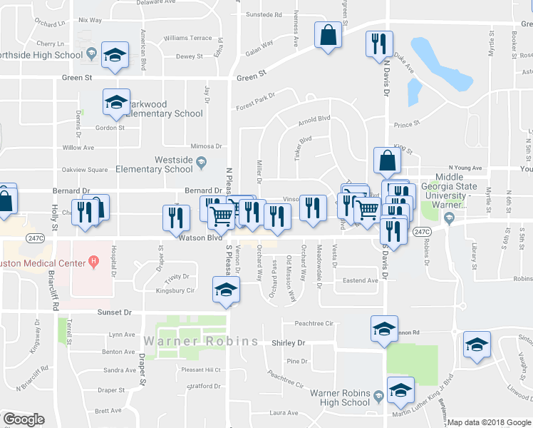 map of restaurants, bars, coffee shops, grocery stores, and more near 820 McArthur Boulevard in Warner Robins