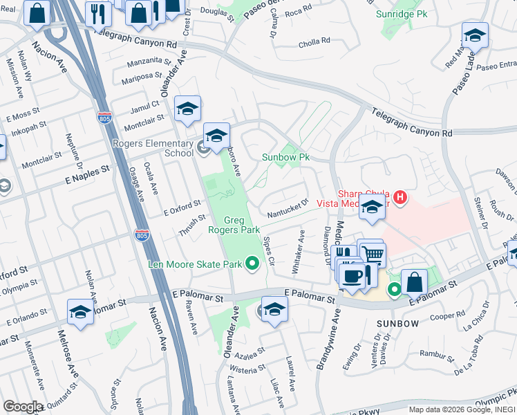 map of restaurants, bars, coffee shops, grocery stores, and more near Hampshire Lane & Foxboro Avenue in Chula Vista