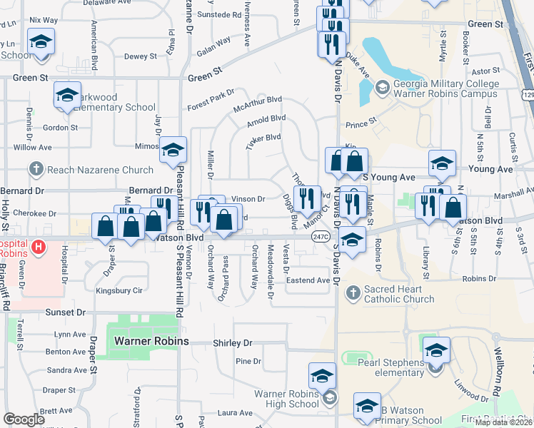 map of restaurants, bars, coffee shops, grocery stores, and more near 919 McArthur Boulevard in Warner Robins