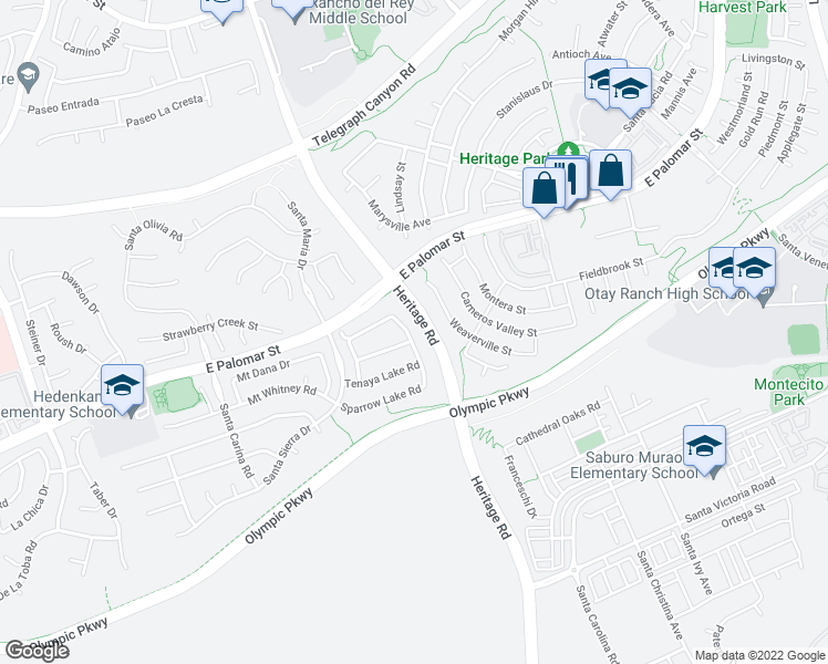 map of restaurants, bars, coffee shops, grocery stores, and more near 1437 Warm Springs Drive in Chula Vista