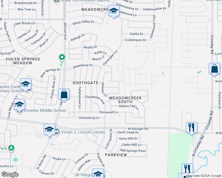 map of restaurants, bars, coffee shops, grocery stores, and more near 3008 Vicksburg Lane in Fort Worth