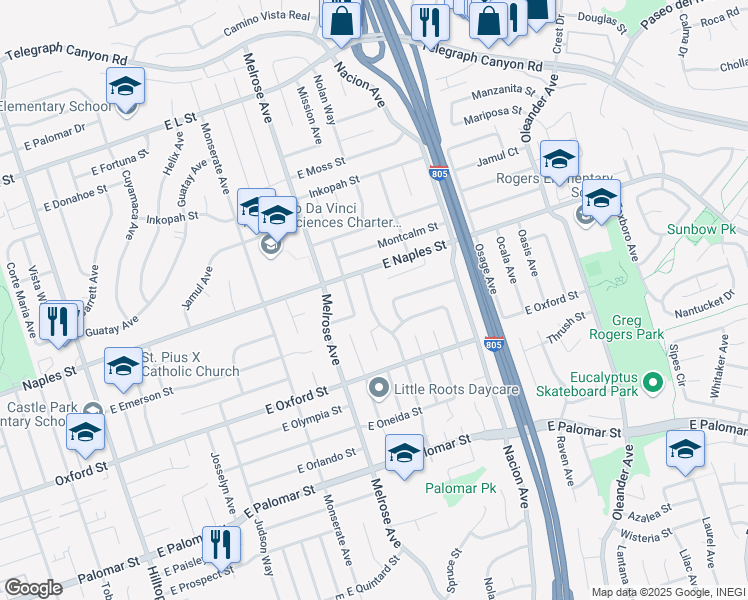 map of restaurants, bars, coffee shops, grocery stores, and more near 1135 Monterey Avenue in Chula Vista