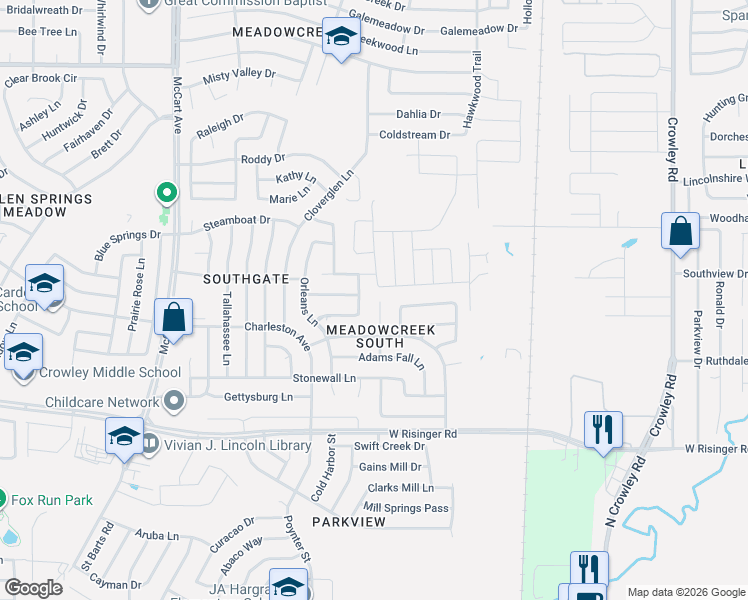 map of restaurants, bars, coffee shops, grocery stores, and more near 2904 Vicksburg Lane in Fort Worth