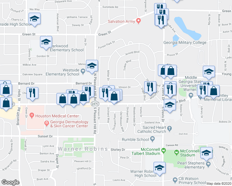 map of restaurants, bars, coffee shops, grocery stores, and more near 828 McArthur Boulevard in Warner Robins