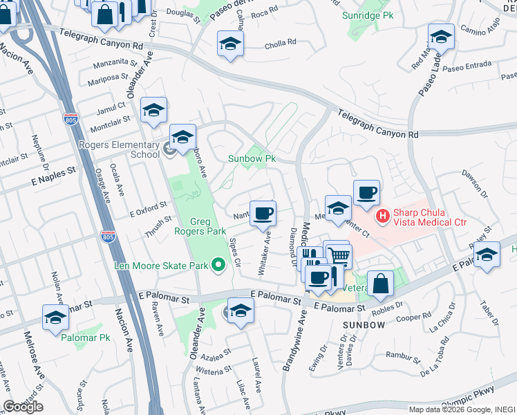 map of restaurants, bars, coffee shops, grocery stores, and more near 601 Nantucket Drive in Chula Vista