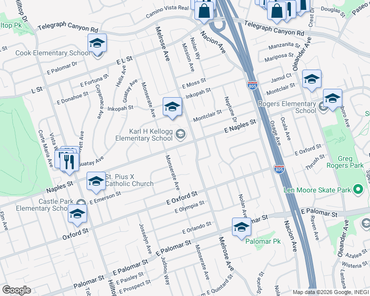 map of restaurants, bars, coffee shops, grocery stores, and more near 232 East Naples Street in Chula Vista