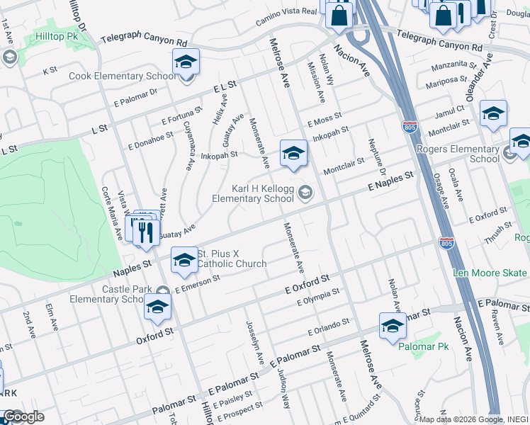 map of restaurants, bars, coffee shops, grocery stores, and more near 1085 Las Bancas Court in Chula Vista