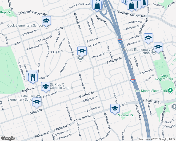 map of restaurants, bars, coffee shops, grocery stores, and more near 232 East Naples Street in Chula Vista