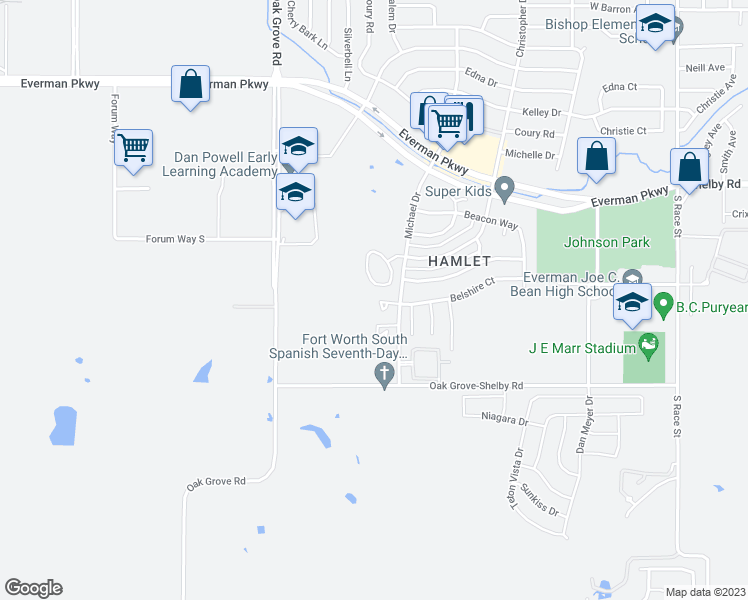 map of restaurants, bars, coffee shops, grocery stores, and more near 1754 Belshire Court in Fort Worth