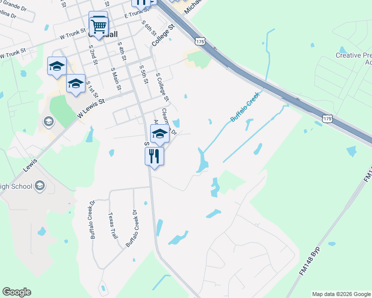map of restaurants, bars, coffee shops, grocery stores, and more near 116 Willow Lake Lane in Crandall