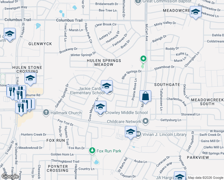map of restaurants, bars, coffee shops, grocery stores, and more near 3701 Garden Springs Drive in Fort Worth