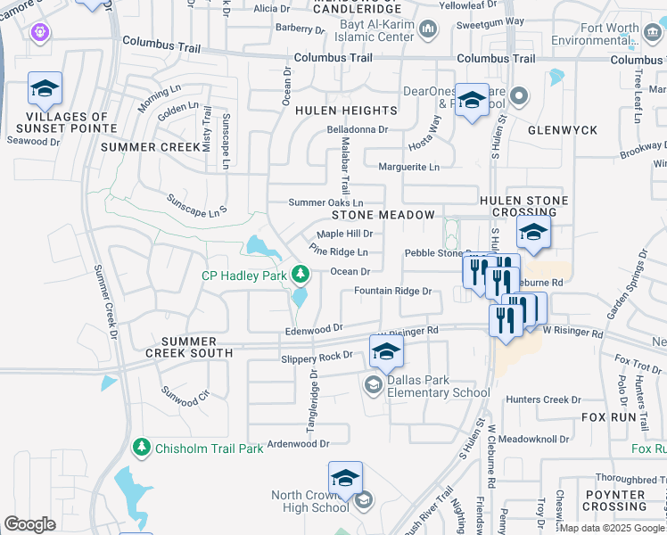 map of restaurants, bars, coffee shops, grocery stores, and more near 8457 Tangleridge Drive in Fort Worth