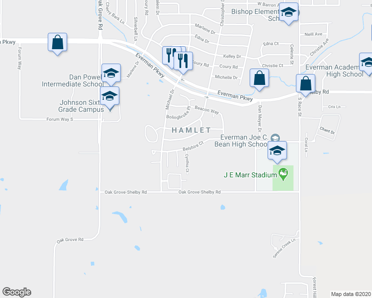 map of restaurants, bars, coffee shops, grocery stores, and more near 1874 Belshire Court in Fort Worth