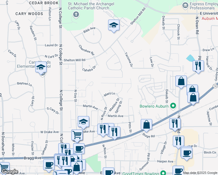 map of restaurants, bars, coffee shops, grocery stores, and more near 684 Cauthen Court in Auburn
