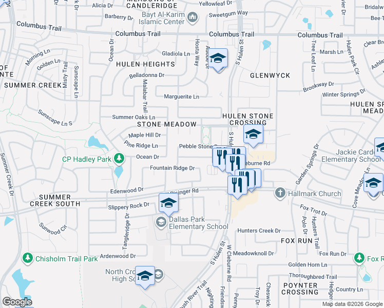 map of restaurants, bars, coffee shops, grocery stores, and more near 4508 Fountain Ridge Drive in Fort Worth