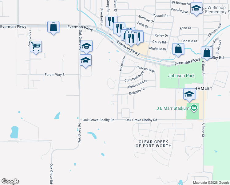 map of restaurants, bars, coffee shops, grocery stores, and more near 1759 Belshire Court in Fort Worth