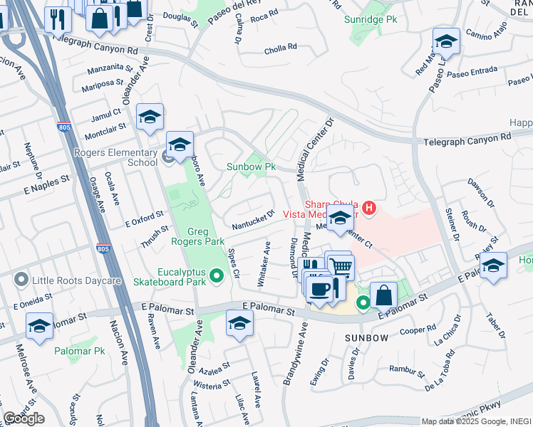 map of restaurants, bars, coffee shops, grocery stores, and more near 586 Nantucket Drive in Chula Vista