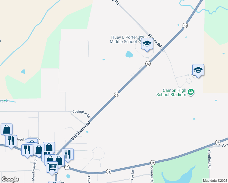 map of restaurants, bars, coffee shops, grocery stores, and more near 2117 Mississippi 43 in Canton