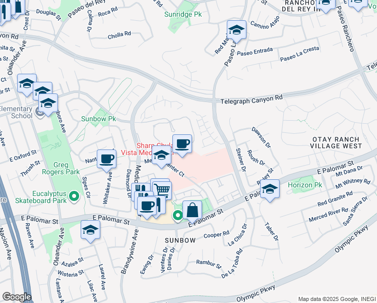 map of restaurants, bars, coffee shops, grocery stores, and more near 751 Medical Center Court in Chula Vista