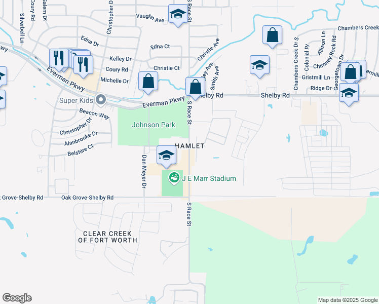 map of restaurants, bars, coffee shops, grocery stores, and more near 9228 Coral Lane in Fort Worth