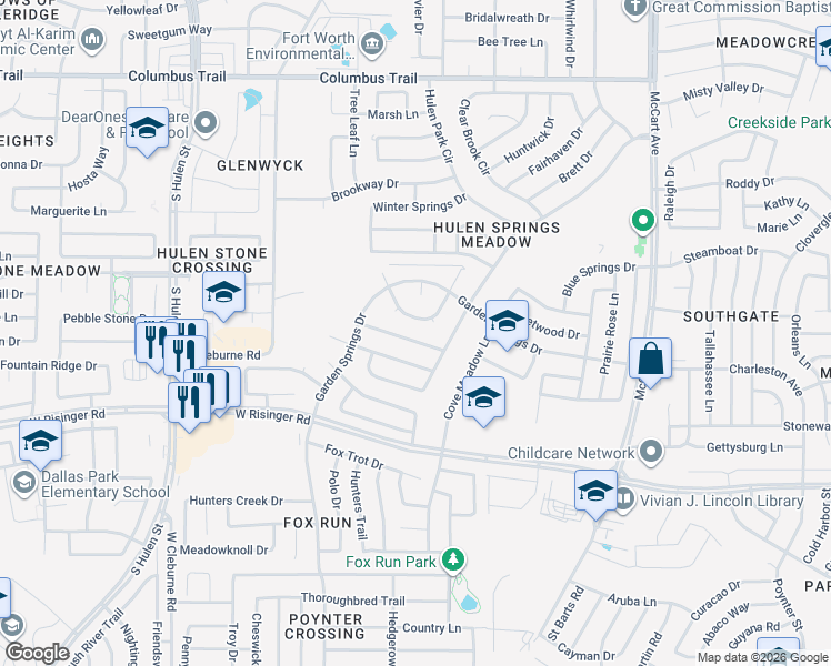 map of restaurants, bars, coffee shops, grocery stores, and more near 3955 Colorado Springs Drive in Fort Worth