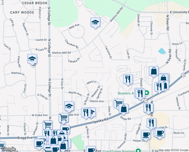 map of restaurants, bars, coffee shops, grocery stores, and more near 670 Cauthen Court in Auburn
