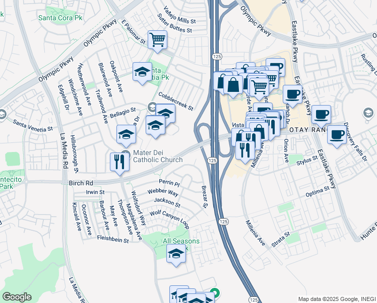 map of restaurants, bars, coffee shops, grocery stores, and more near Birch Road in Chula Vista