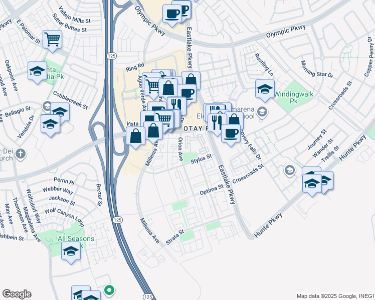map of restaurants, bars, coffee shops, grocery stores, and more near 1715 Orion Avenue in Chula Vista