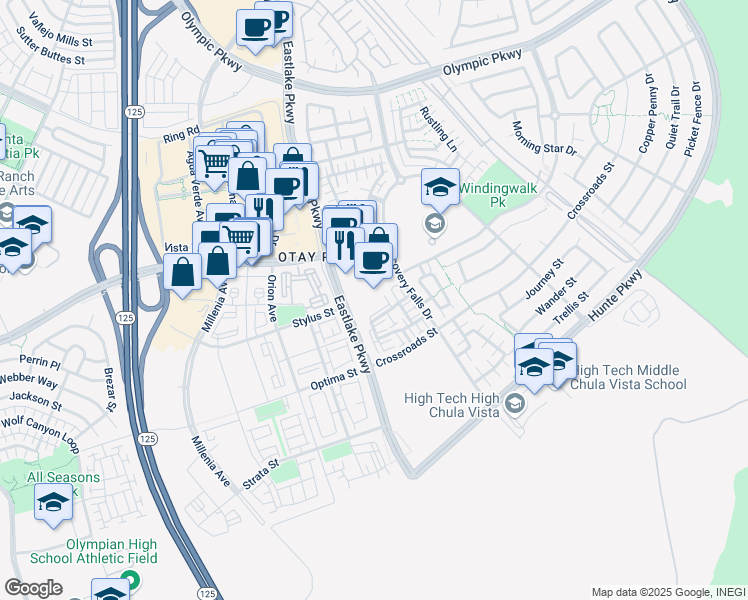 map of restaurants, bars, coffee shops, grocery stores, and more near 1745 Eastlake Parkway in Chula Vista