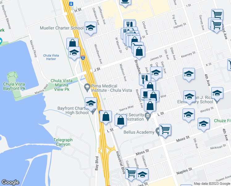map of restaurants, bars, coffee shops, grocery stores, and more near 796 Oaklawn Avenue in Chula Vista