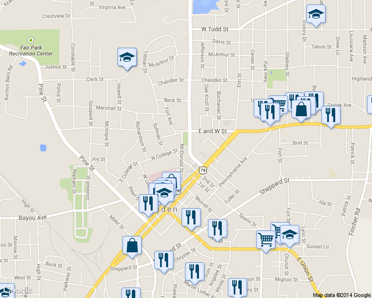 map of restaurants, bars, coffee shops, grocery stores, and more near 304 McDonald Street in Minden