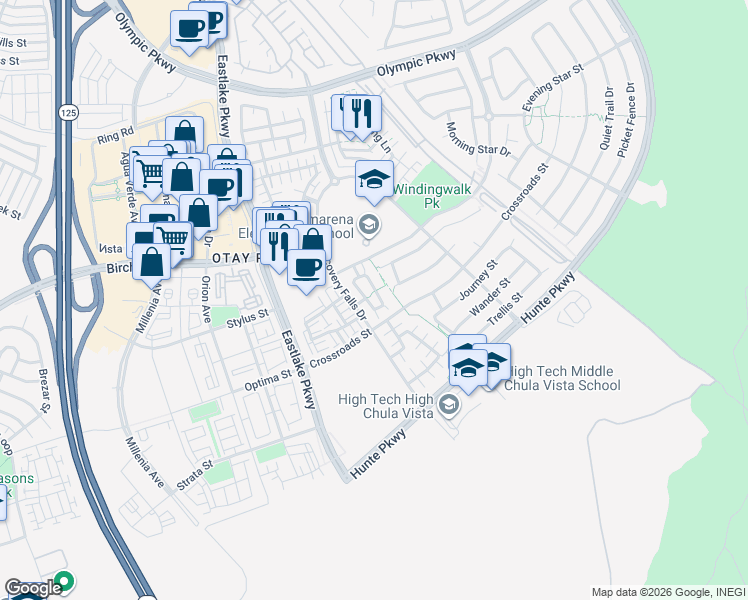 map of restaurants, bars, coffee shops, grocery stores, and more near 1730 Cripple Creek Drive in Chula Vista