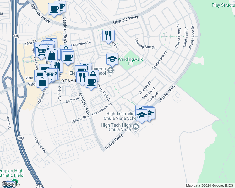 map of restaurants, bars, coffee shops, grocery stores, and more near 1721 Cripple Creek Drive in Chula Vista