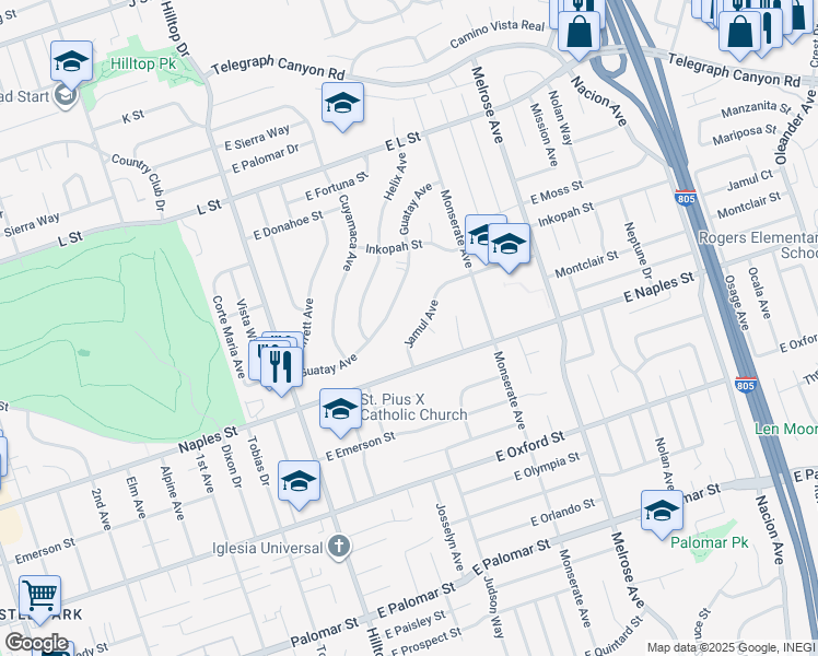 map of restaurants, bars, coffee shops, grocery stores, and more near 1025 Guatay Avenue in Chula Vista