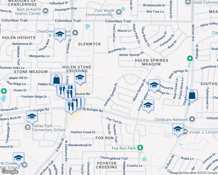 map of restaurants, bars, coffee shops, grocery stores, and more near 8524 Garden Springs Drive in Fort Worth