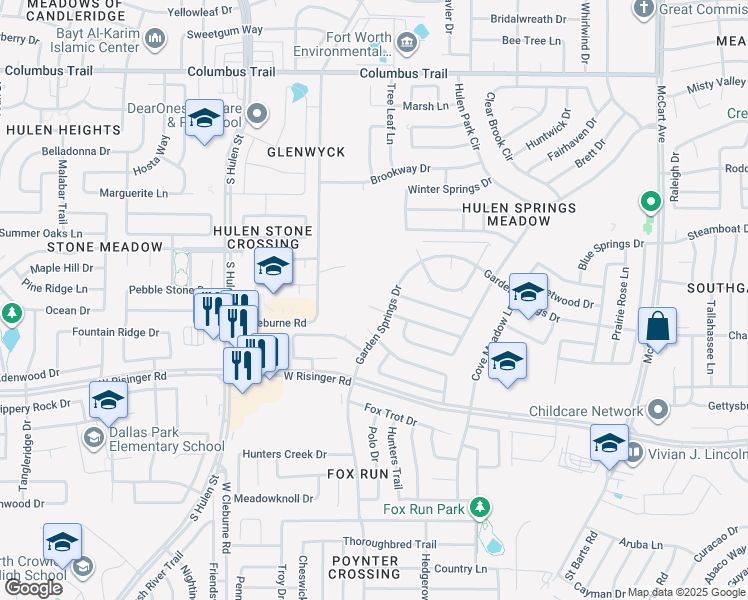 map of restaurants, bars, coffee shops, grocery stores, and more near 8524 Garden Springs Drive in Fort Worth