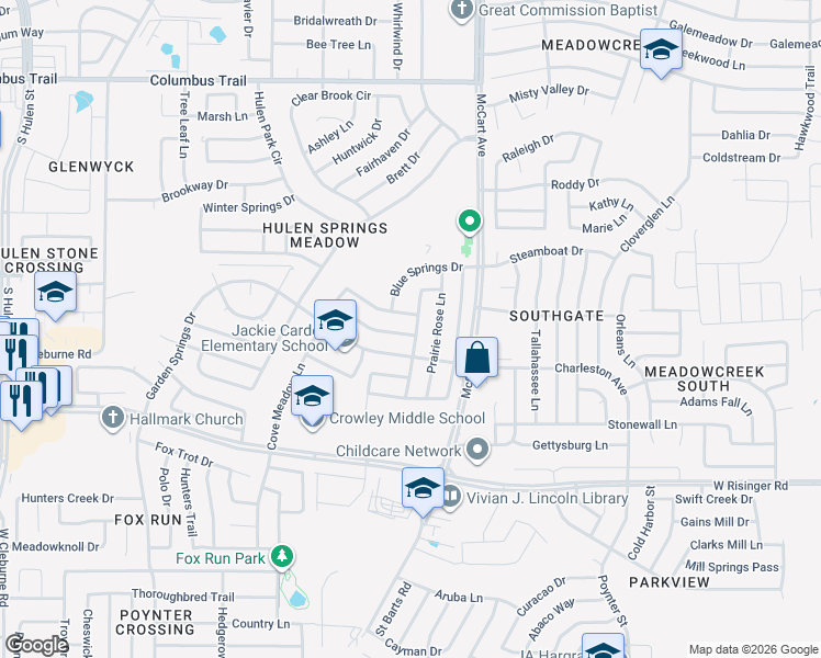 map of restaurants, bars, coffee shops, grocery stores, and more near 8408 Rain Forest Lane in Fort Worth