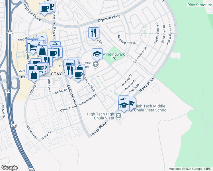 map of restaurants, bars, coffee shops, grocery stores, and more near 1924 Crossroads Street in Chula Vista
