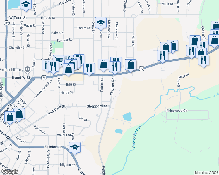map of restaurants, bars, coffee shops, grocery stores, and more near 406 Fincher Road in Minden