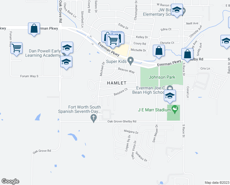map of restaurants, bars, coffee shops, grocery stores, and more near 1909 Belshire Court in Fort Worth
