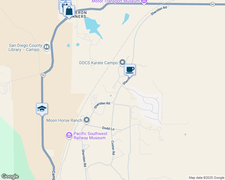 map of restaurants, bars, coffee shops, grocery stores, and more near 1203 Buckwheat Trail in Campo