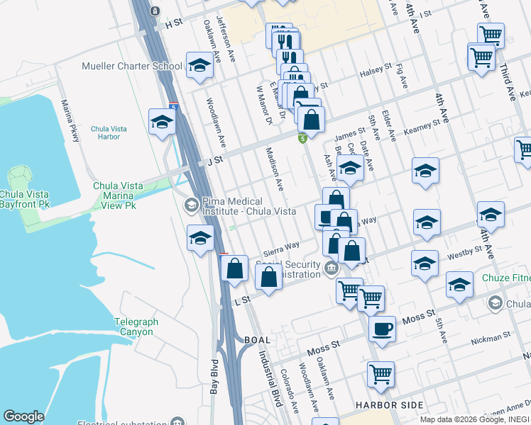 map of restaurants, bars, coffee shops, grocery stores, and more near 783 Jefferson Avenue in Chula Vista