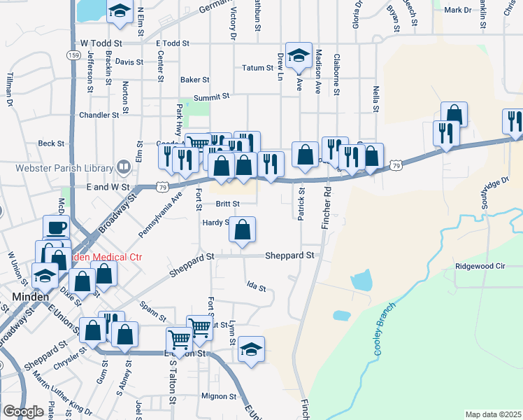 map of restaurants, bars, coffee shops, grocery stores, and more near 415 Meadowview Drive in Minden