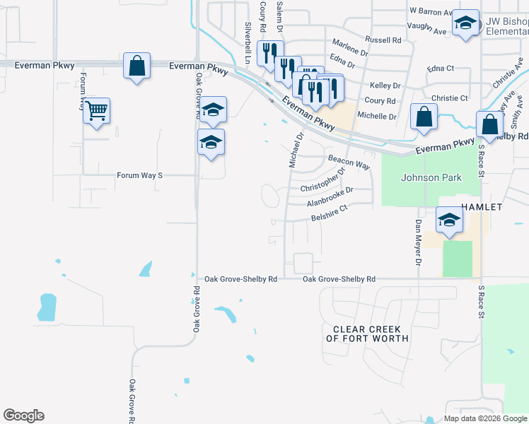 map of restaurants, bars, coffee shops, grocery stores, and more near 9112 Christopher Circle in Fort Worth