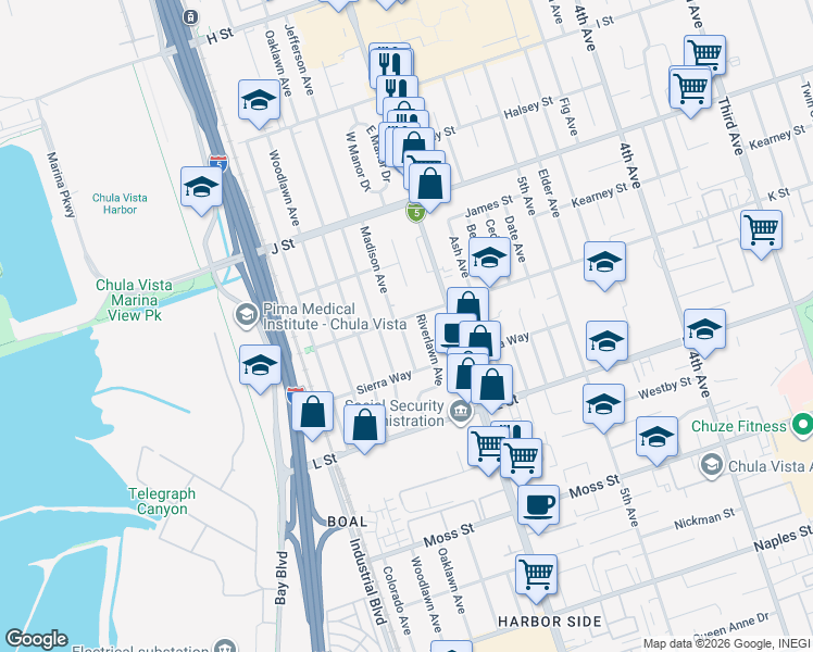 map of restaurants, bars, coffee shops, grocery stores, and more near 805 Madison Avenue in Chula Vista