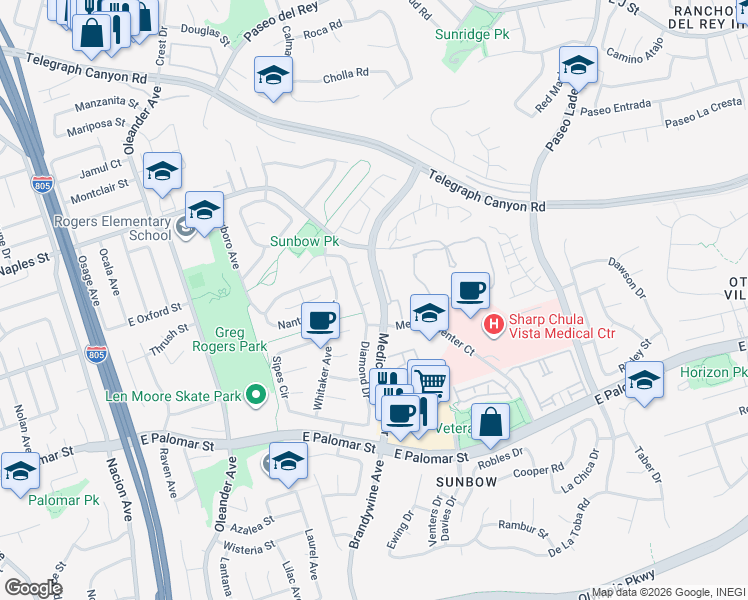 map of restaurants, bars, coffee shops, grocery stores, and more near 1233 Equinox Way in Chula Vista