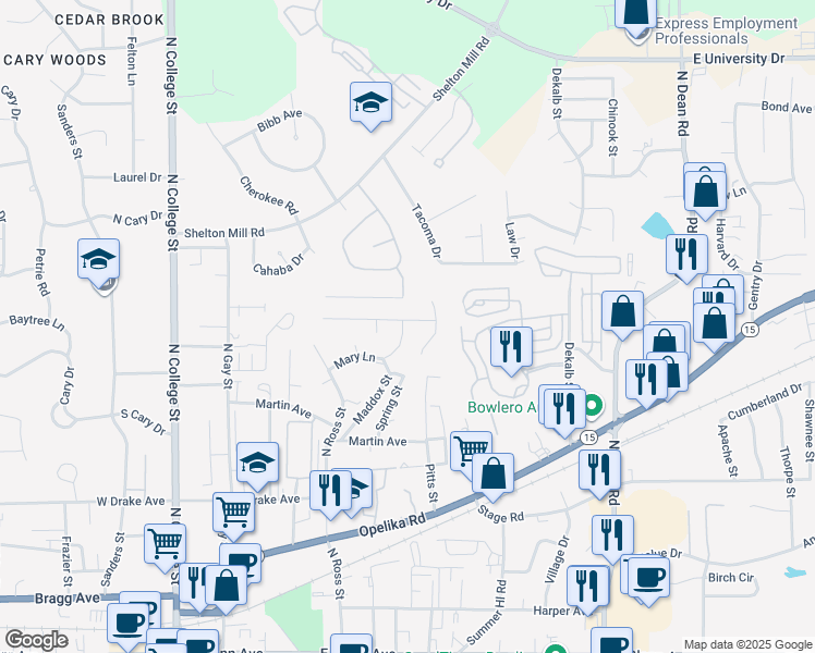 map of restaurants, bars, coffee shops, grocery stores, and more near 397 Jack Hampton Drive in Auburn