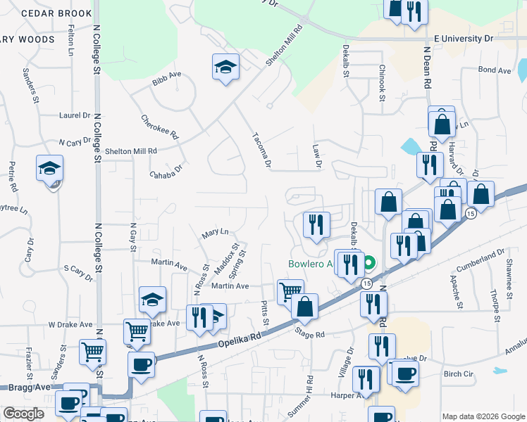 map of restaurants, bars, coffee shops, grocery stores, and more near 422 Jack Hampton Drive in Auburn
