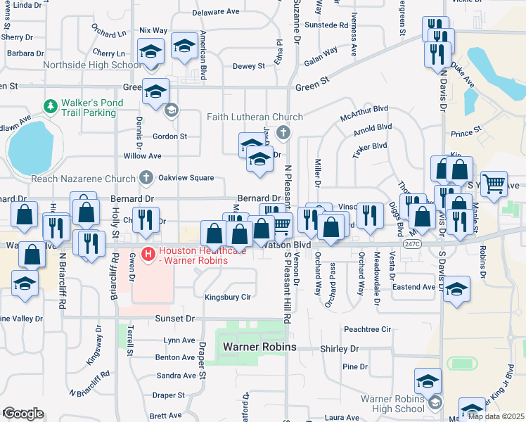 map of restaurants, bars, coffee shops, grocery stores, and more near 1436 Watson Boulevard in Warner Robins